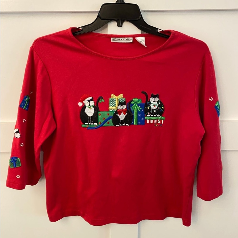 Allyson Whitmore Red Christmas Cats Embroidered Tee | Women's Large